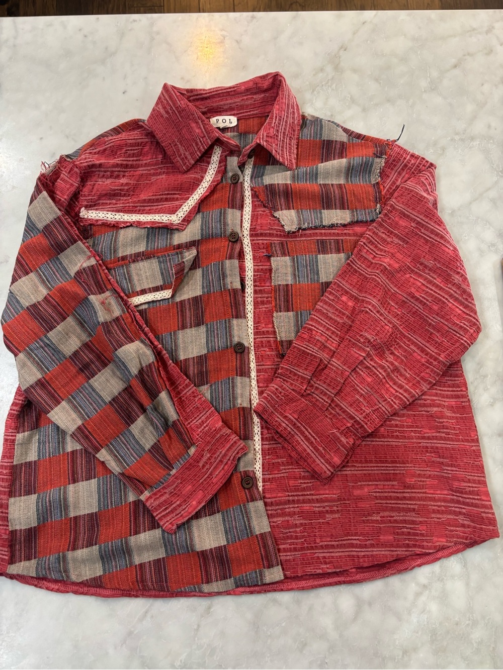 POL Women’s Large Cotton Red Mixed Plaid & Textured Patchwork Button-Down Shirt